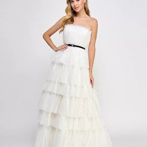 SAY YES Juniors' Tulle & Faux Pearl Tiered Ball Gown White